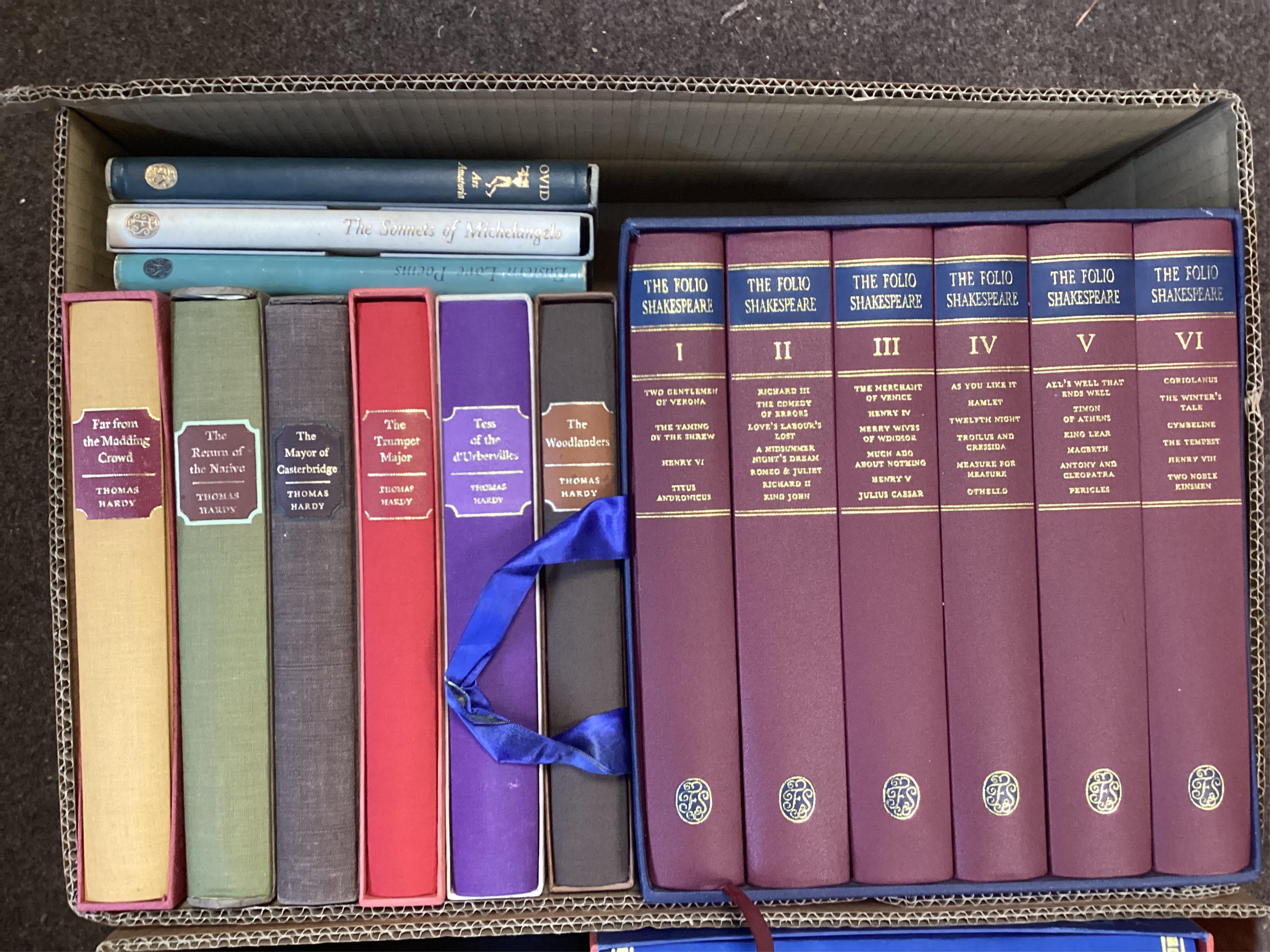 Folio Society: Bronte, Charlotte - Emily, Anne (7), Daniel De Foet, tan leather, special edition (3), Malory - Chronicles King Arthur (3), T. Hardy (7), Richardson - Clarissa (2) and Folio Shakespeare, vols i-Vi 1988